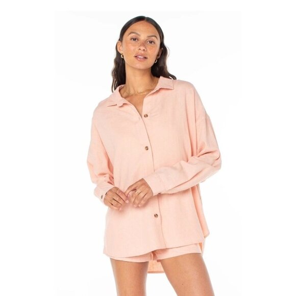 NWT Roxy Morning Time Women's Button Up Shirt Linen Blend Rose Cloud Solid Sz S - Picture 1 of 12